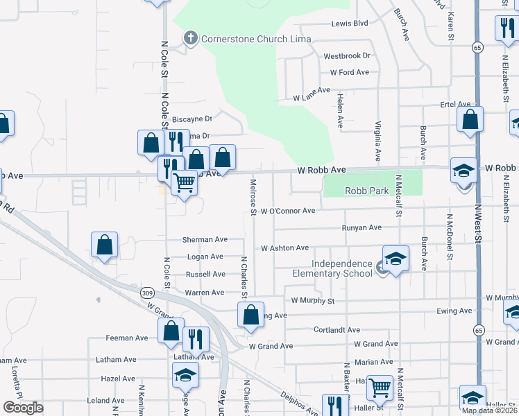 map of restaurants, bars, coffee shops, grocery stores, and more near 1225 Northwold Street in Lima