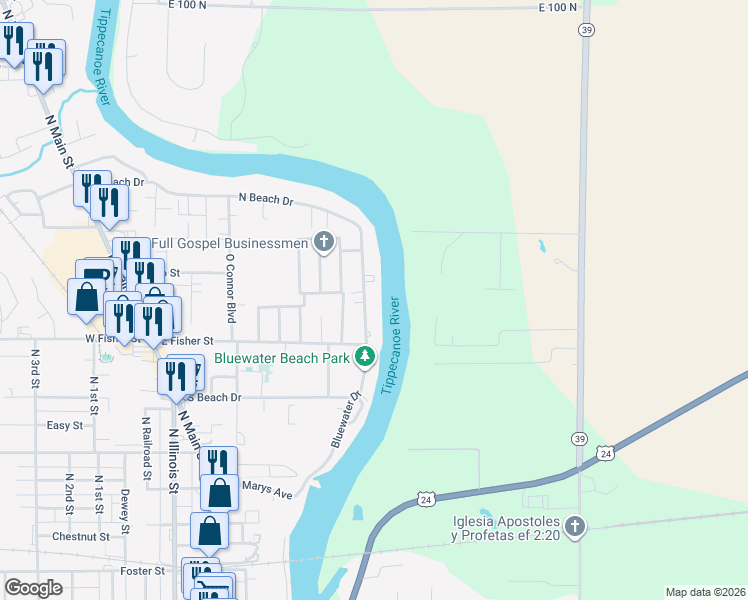 map of restaurants, bars, coffee shops, grocery stores, and more near 908 Bluewater Drive in Monticello