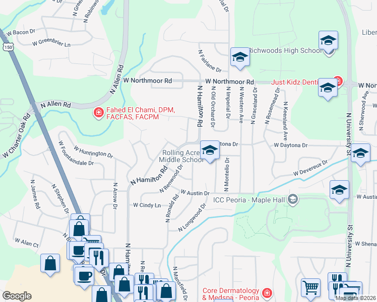map of restaurants, bars, coffee shops, grocery stores, and more near 5641 North Renwood Avenue in Peoria