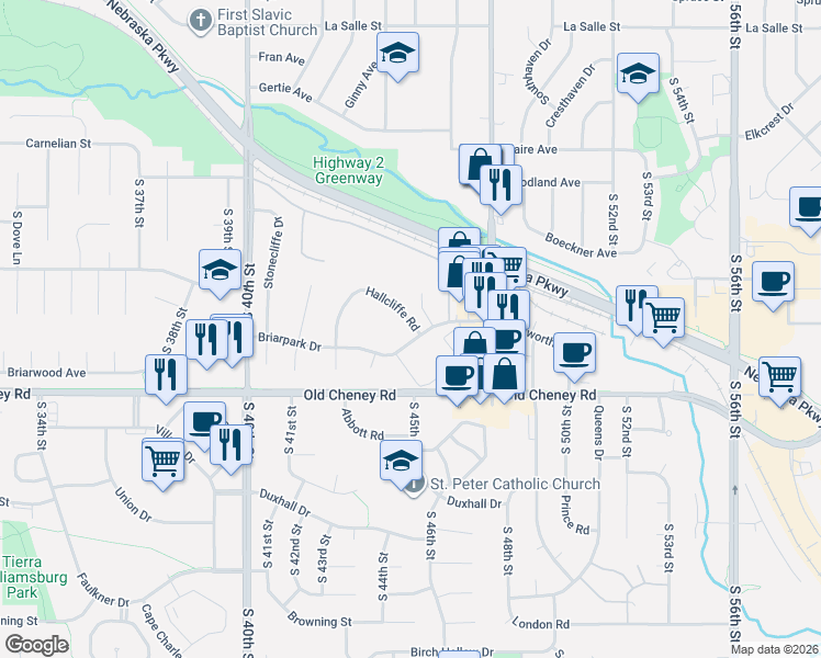 map of restaurants, bars, coffee shops, grocery stores, and more near 4601 Briarpark Drive in Lincoln