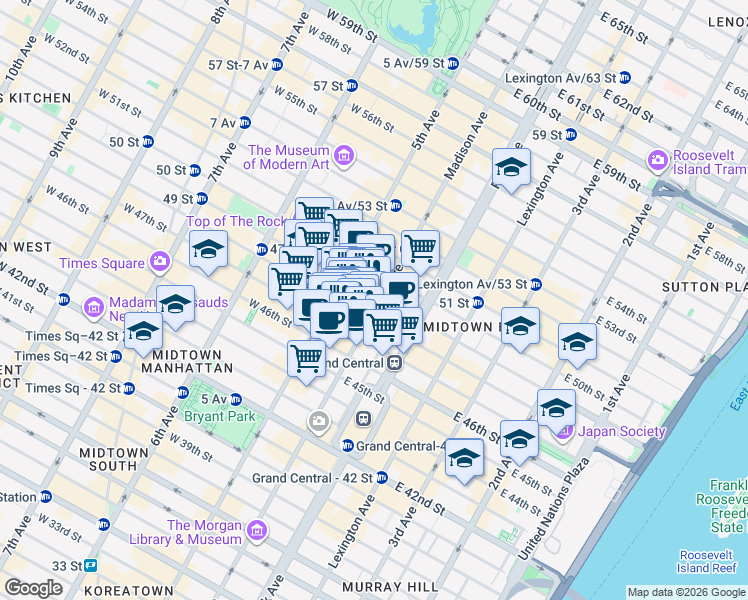 map of restaurants, bars, coffee shops, grocery stores, and more near 424 Madison Avenue in New York