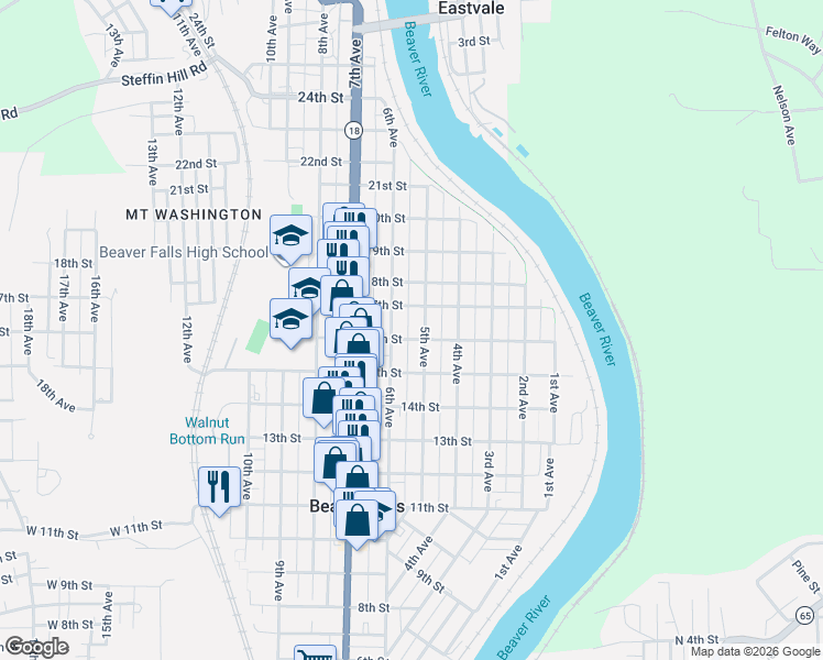 map of restaurants, bars, coffee shops, grocery stores, and more near 1518 6th Avenue in Beaver Falls