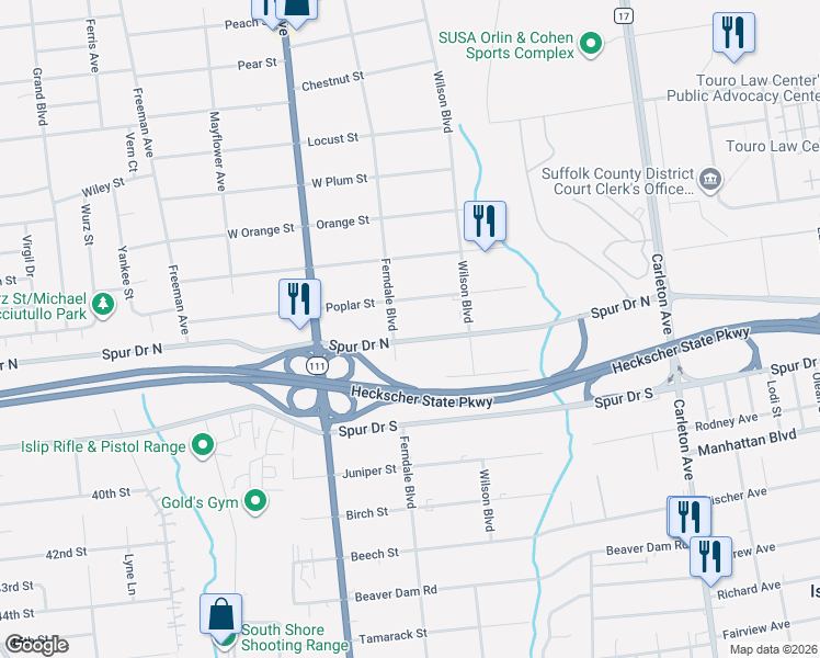 map of restaurants, bars, coffee shops, grocery stores, and more near 1640 Spur Drive North in Central Islip