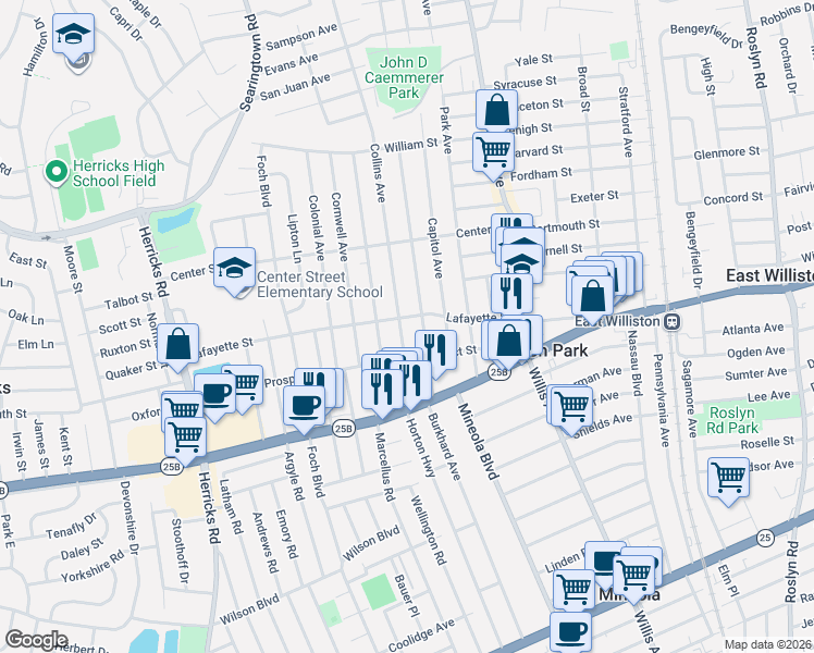 map of restaurants, bars, coffee shops, grocery stores, and more near 57 Collins Avenue in Williston Park