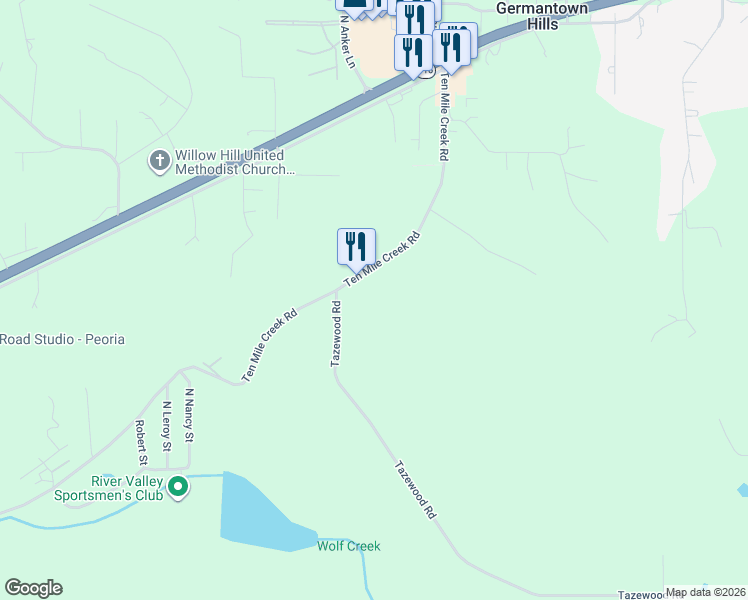 map of restaurants, bars, coffee shops, grocery stores, and more near 287-987 Tazewood Road in Metamora