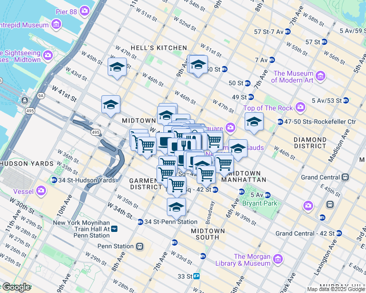 map of restaurants, bars, coffee shops, grocery stores, and more near 625 8th Avenue in New York