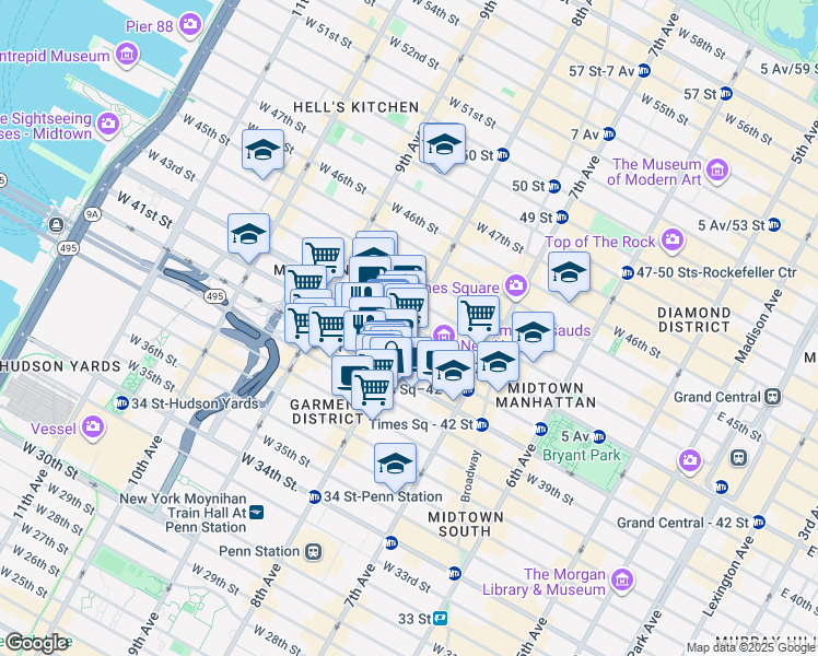 map of restaurants, bars, coffee shops, grocery stores, and more near 277 West 42nd Street in New York