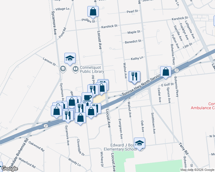 map of restaurants, bars, coffee shops, grocery stores, and more near 649 Locust Avenue in Bohemia