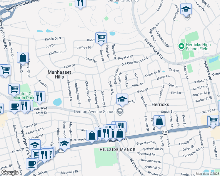 map of restaurants, bars, coffee shops, grocery stores, and more near 23 Dunhill Road in New Hyde Park