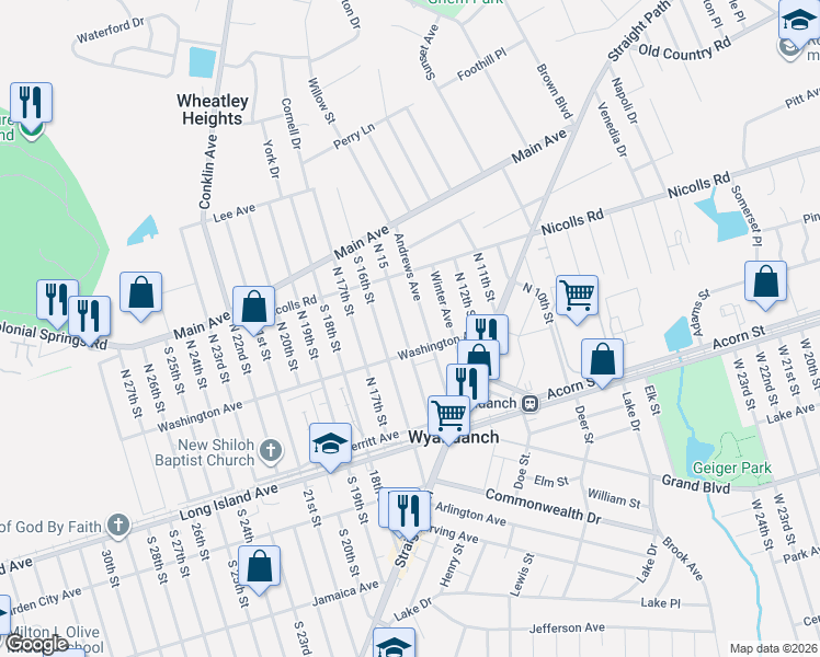 map of restaurants, bars, coffee shops, grocery stores, and more near 31 Washington Avenue in Wheatley Heights