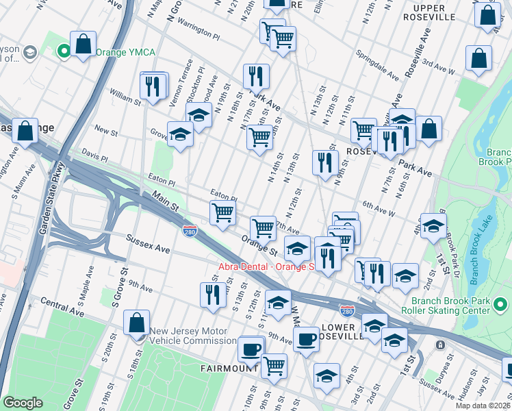 map of restaurants, bars, coffee shops, grocery stores, and more near 7TH Avenue I in Newark