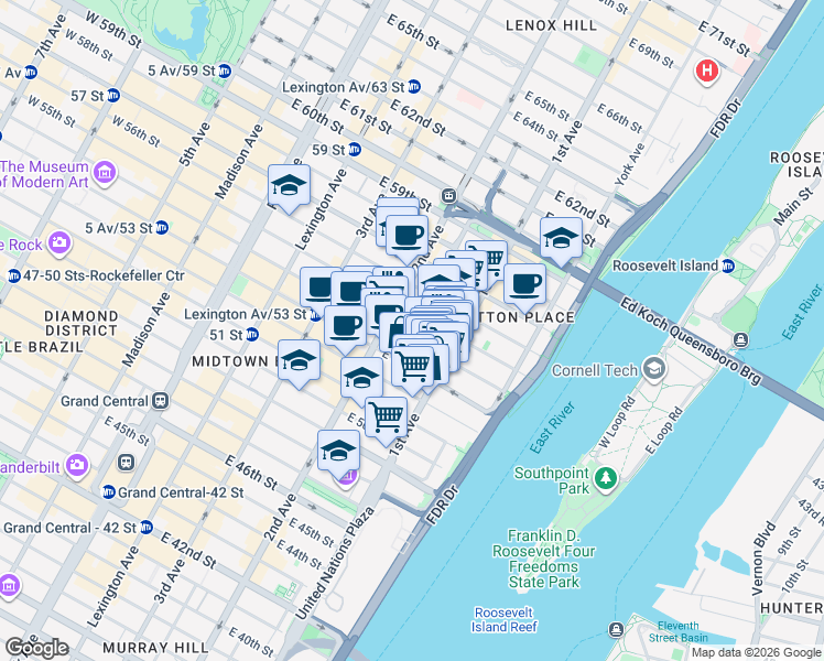 map of restaurants, bars, coffee shops, grocery stores, and more near 321 East 54th Street in New York