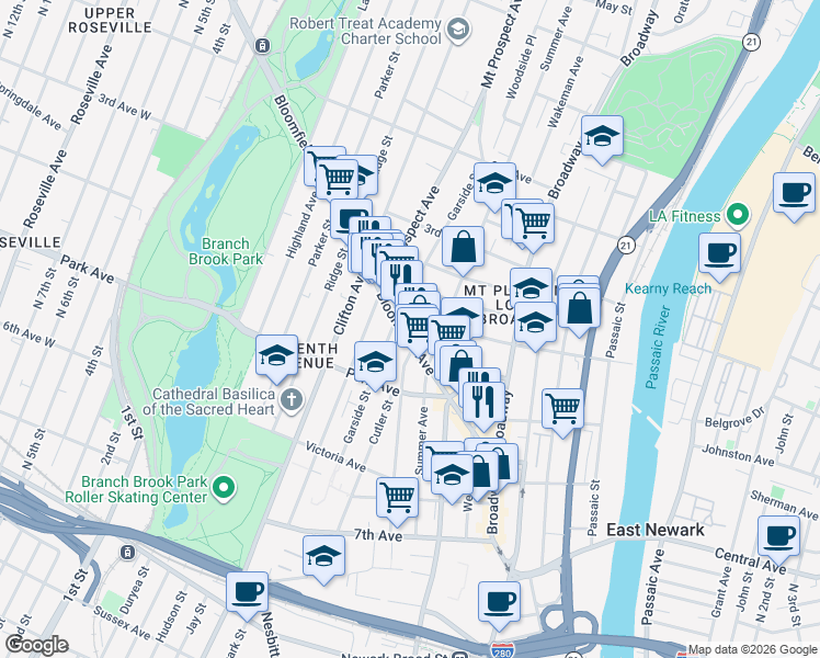 map of restaurants, bars, coffee shops, grocery stores, and more near 93 Bloomfield Avenue in Newark