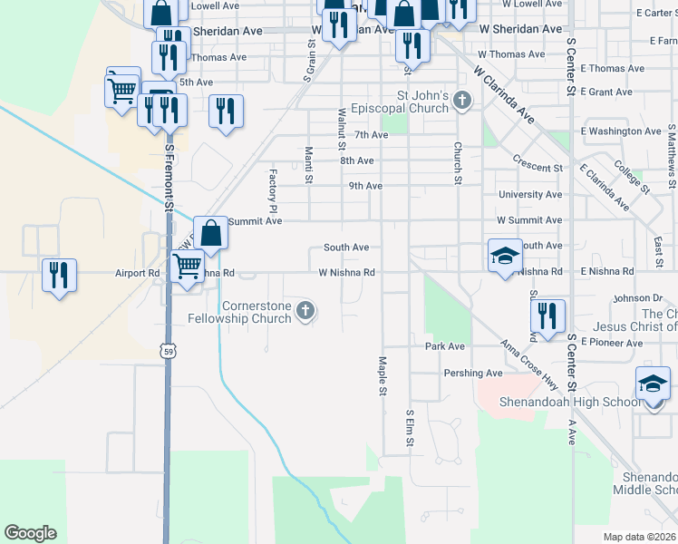 map of restaurants, bars, coffee shops, grocery stores, and more near 1000-1138 South Walnut Street in Shenandoah
