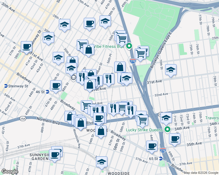 map of restaurants, bars, coffee shops, grocery stores, and more near 56-07 31st Avenue in Queens