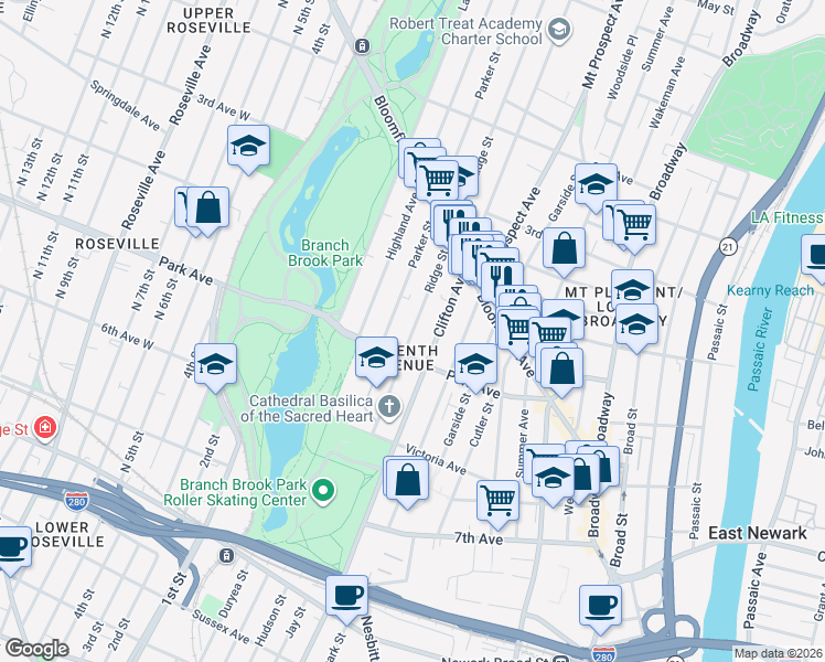 map of restaurants, bars, coffee shops, grocery stores, and more near 105 Park Avenue in Newark