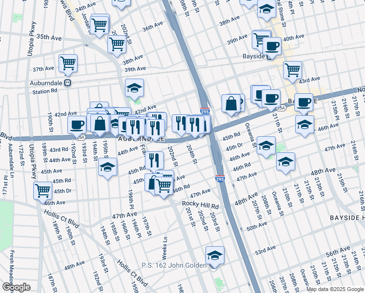map of restaurants, bars, coffee shops, grocery stores, and more near 45-29 202nd Street in Queens
