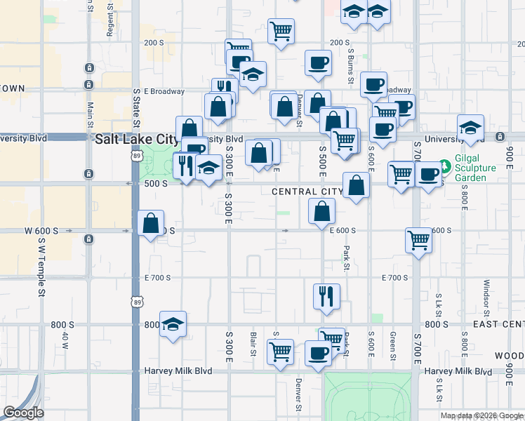 map of restaurants, bars, coffee shops, grocery stores, and more near 550 South 400 East in Salt Lake City
