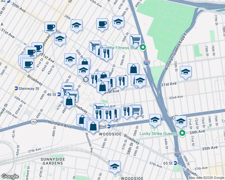 map of restaurants, bars, coffee shops, grocery stores, and more near 31-18 55th Street in Queens
