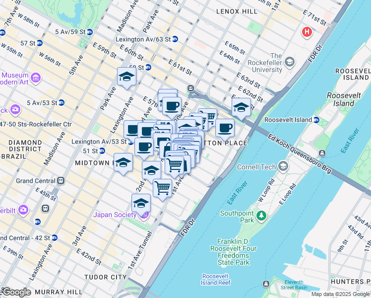map of restaurants, bars, coffee shops, grocery stores, and more near 966 1st Avenue in New York