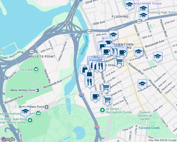 map of restaurants, bars, coffee shops, grocery stores, and more near 40-24 College Point Boulevard in Queens