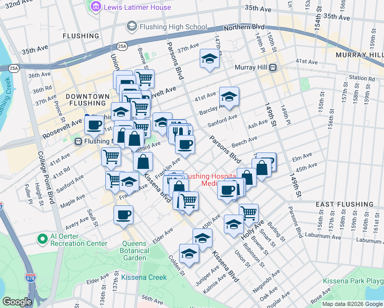 map of restaurants, bars, coffee shops, grocery stores, and more near 143-02 Ash Avenue in Queens