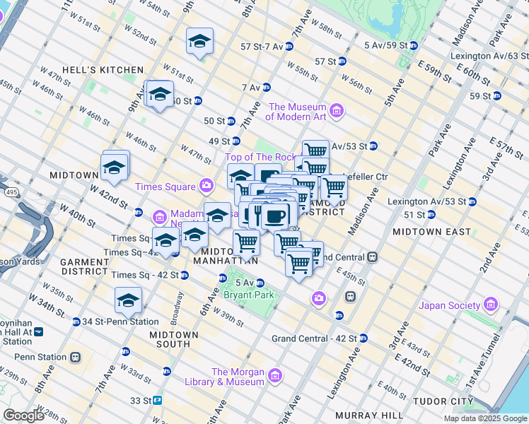 map of restaurants, bars, coffee shops, grocery stores, and more near 1166 6th Avenue in New York