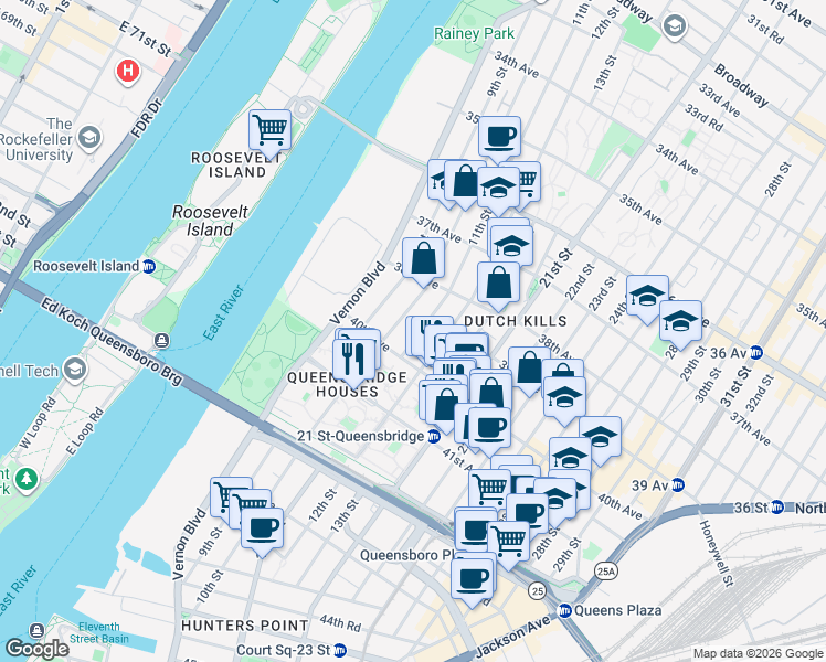 map of restaurants, bars, coffee shops, grocery stores, and more near 12-07 40th Avenue in Queens