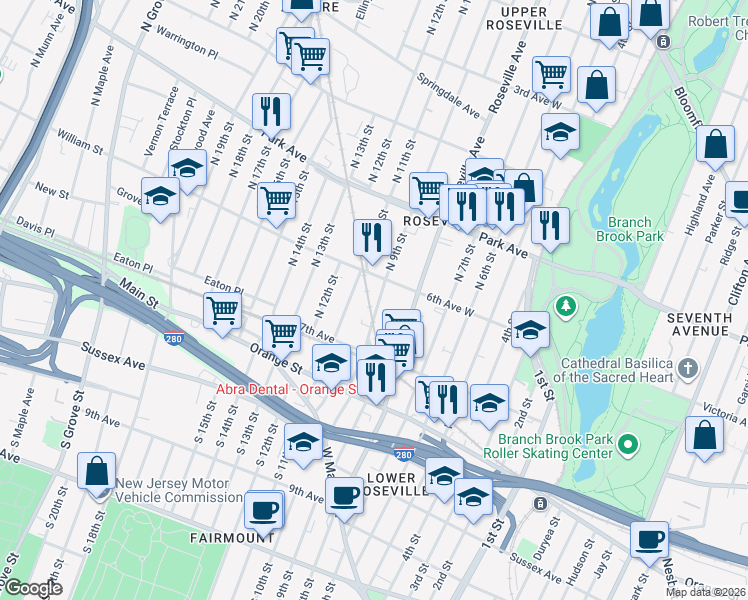 map of restaurants, bars, coffee shops, grocery stores, and more near 69 North 9th Street in Newark