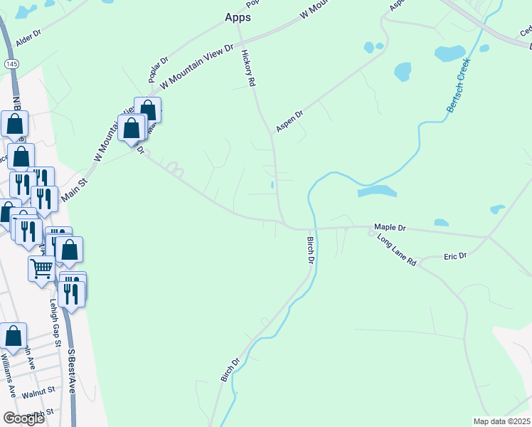 map of restaurants, bars, coffee shops, grocery stores, and more near 4750 Maple Drive in Walnutport