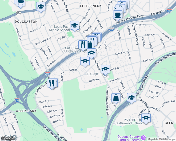 map of restaurants, bars, coffee shops, grocery stores, and more near 57-06 246th Place in Queens