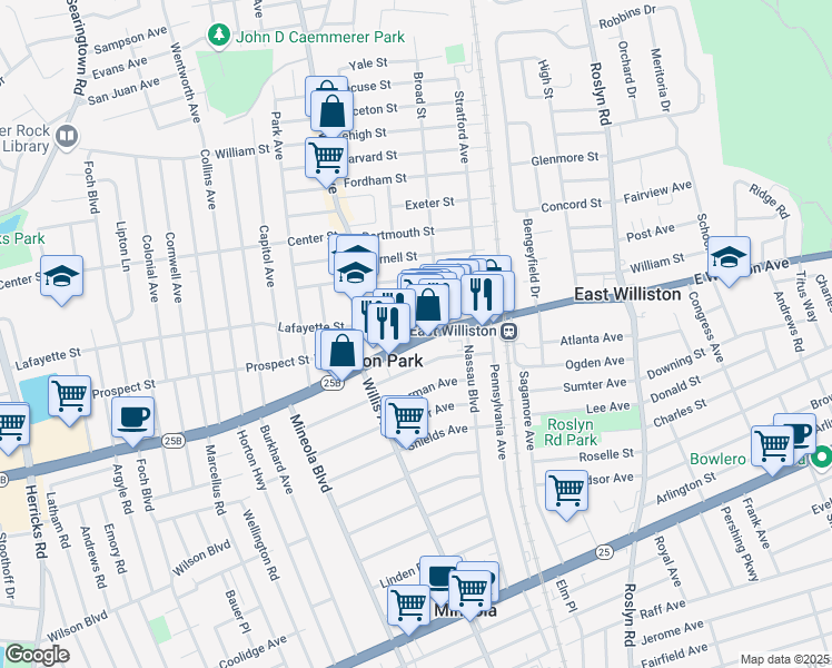 map of restaurants, bars, coffee shops, grocery stores, and more near 6 Cross Street in Williston Park
