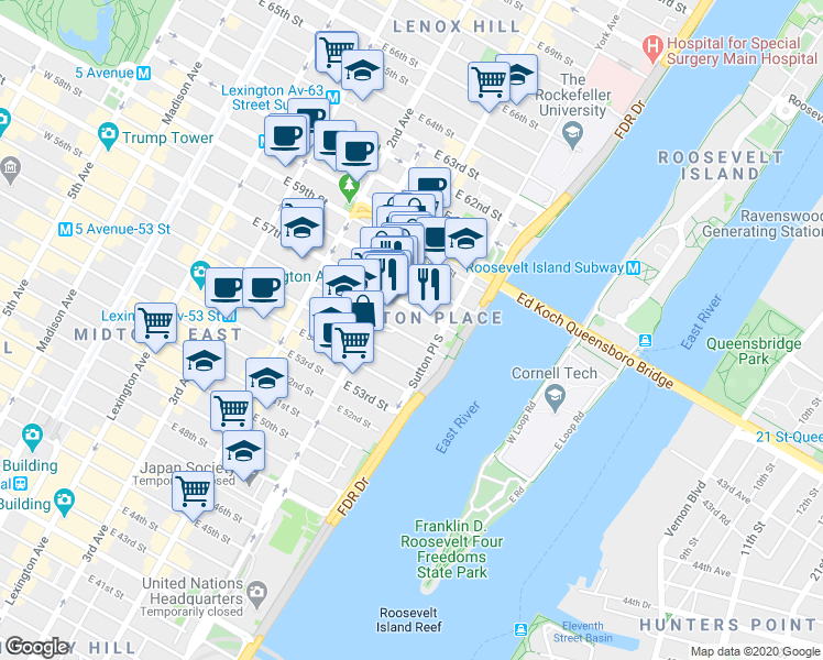 map of restaurants, bars, coffee shops, grocery stores, and more near 431 East 57th Street in New York