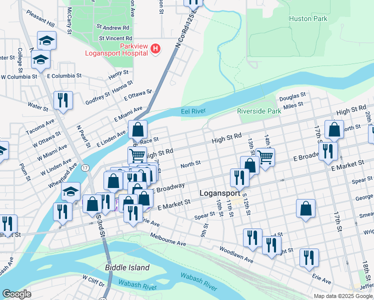 map of restaurants, bars, coffee shops, grocery stores, and more near 87 9th Street in Logansport