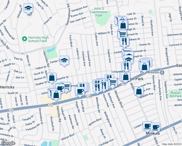 map of restaurants, bars, coffee shops, grocery stores, and more near 129 Lafayette Street in Williston Park