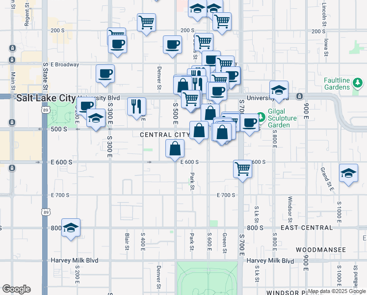 map of restaurants, bars, coffee shops, grocery stores, and more near 515 Hawthorne Avenue South in Salt Lake City