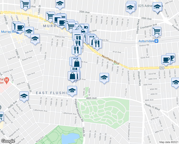 map of restaurants, bars, coffee shops, grocery stores, and more near 43-20 165th Street in Queens