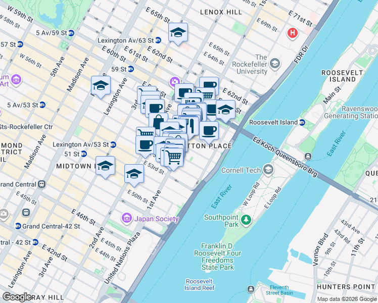map of restaurants, bars, coffee shops, grocery stores, and more near 1031 1st Avenue in New York