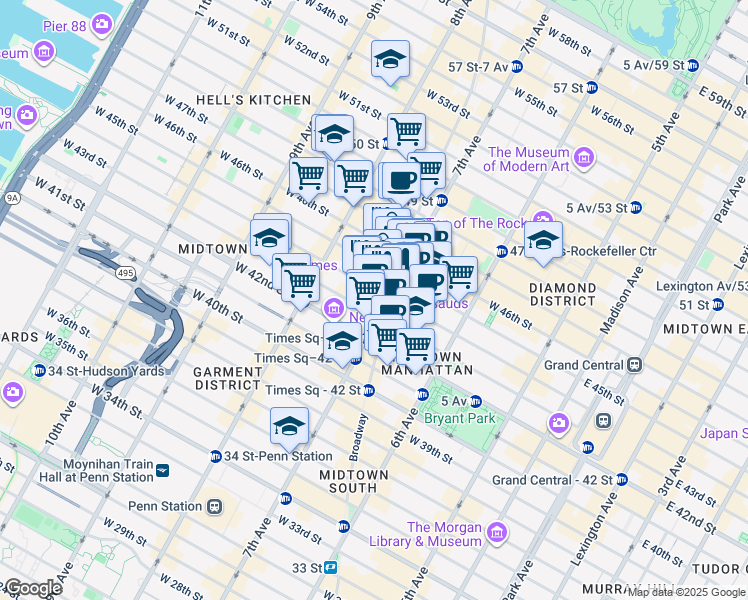 map of restaurants, bars, coffee shops, grocery stores, and more near in New York