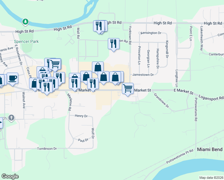map of restaurants, bars, coffee shops, grocery stores, and more near 3936 East Market Street in Logansport