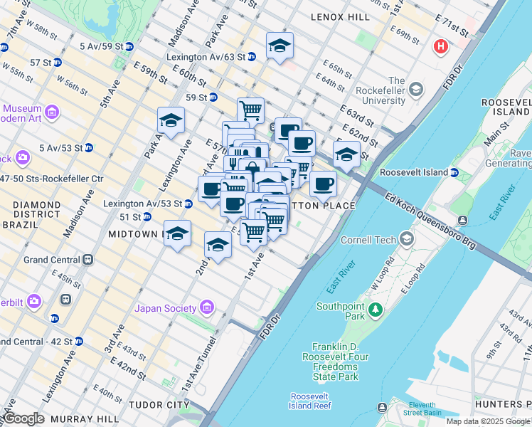 map of restaurants, bars, coffee shops, grocery stores, and more near 305 East 55th Street in New York