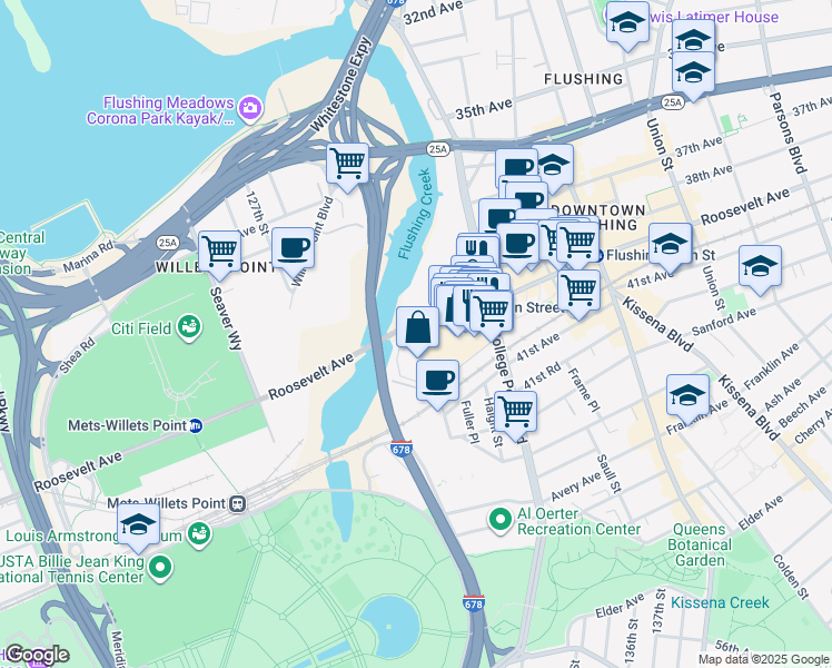 map of restaurants, bars, coffee shops, grocery stores, and more near 131-5 40 Road in Queens