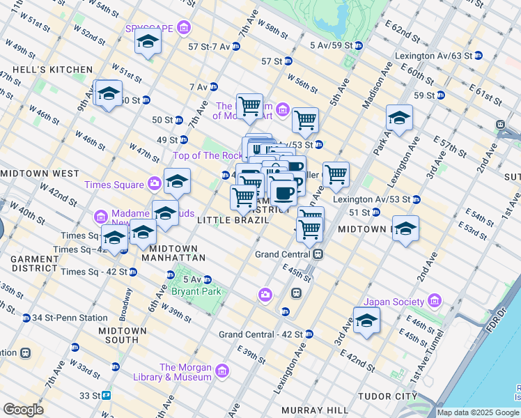 map of restaurants, bars, coffee shops, grocery stores, and more near 48 West 48th Street in New York
