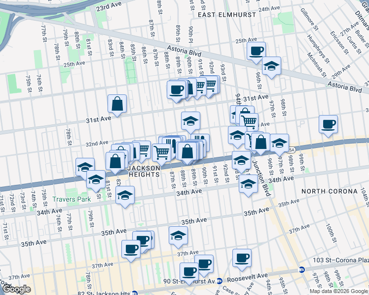 map of restaurants, bars, coffee shops, grocery stores, and more near 88-10 32nd Avenue in Queens