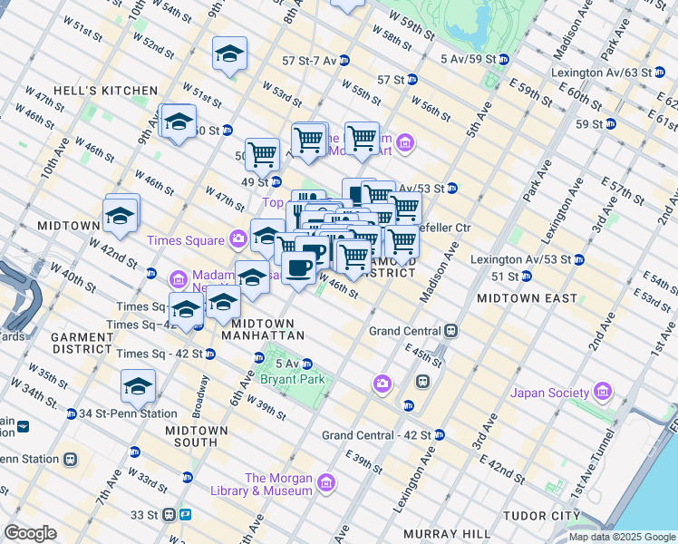 map of restaurants, bars, coffee shops, grocery stores, and more near 50 West 47th Street in New York
