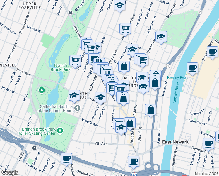 map of restaurants, bars, coffee shops, grocery stores, and more near 115 Bloomfield Avenue in Newark