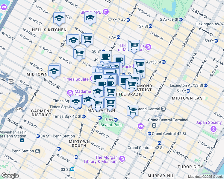 map of restaurants, bars, coffee shops, grocery stores, and more near 114 West 47th Street in New York
