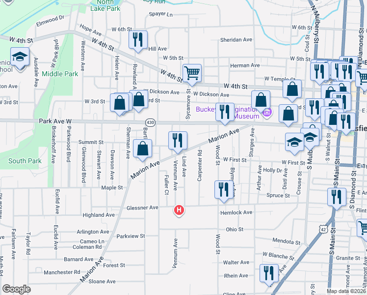 map of restaurants, bars, coffee shops, grocery stores, and more near 146 Marion Avenue in Mansfield