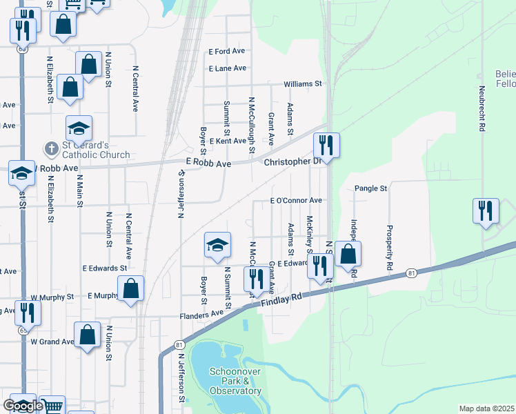 map of restaurants, bars, coffee shops, grocery stores, and more near 801 East O'Connor Avenue in Lima