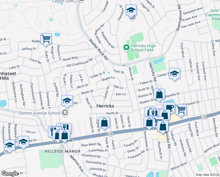 map of restaurants, bars, coffee shops, grocery stores, and more near 8 Center Drive in New Hyde Park